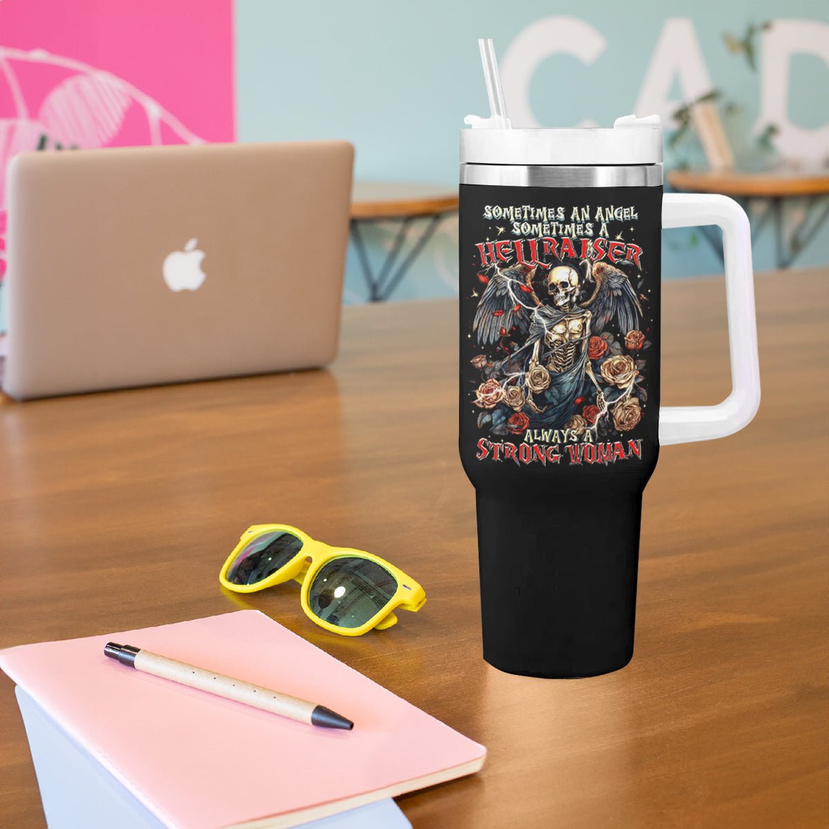 Angel Skull Tumbler With Handle Sometimes An Angel Sometimes A Hellraiser DT01 - The Mazicc - One Size: 40 oz - Black -