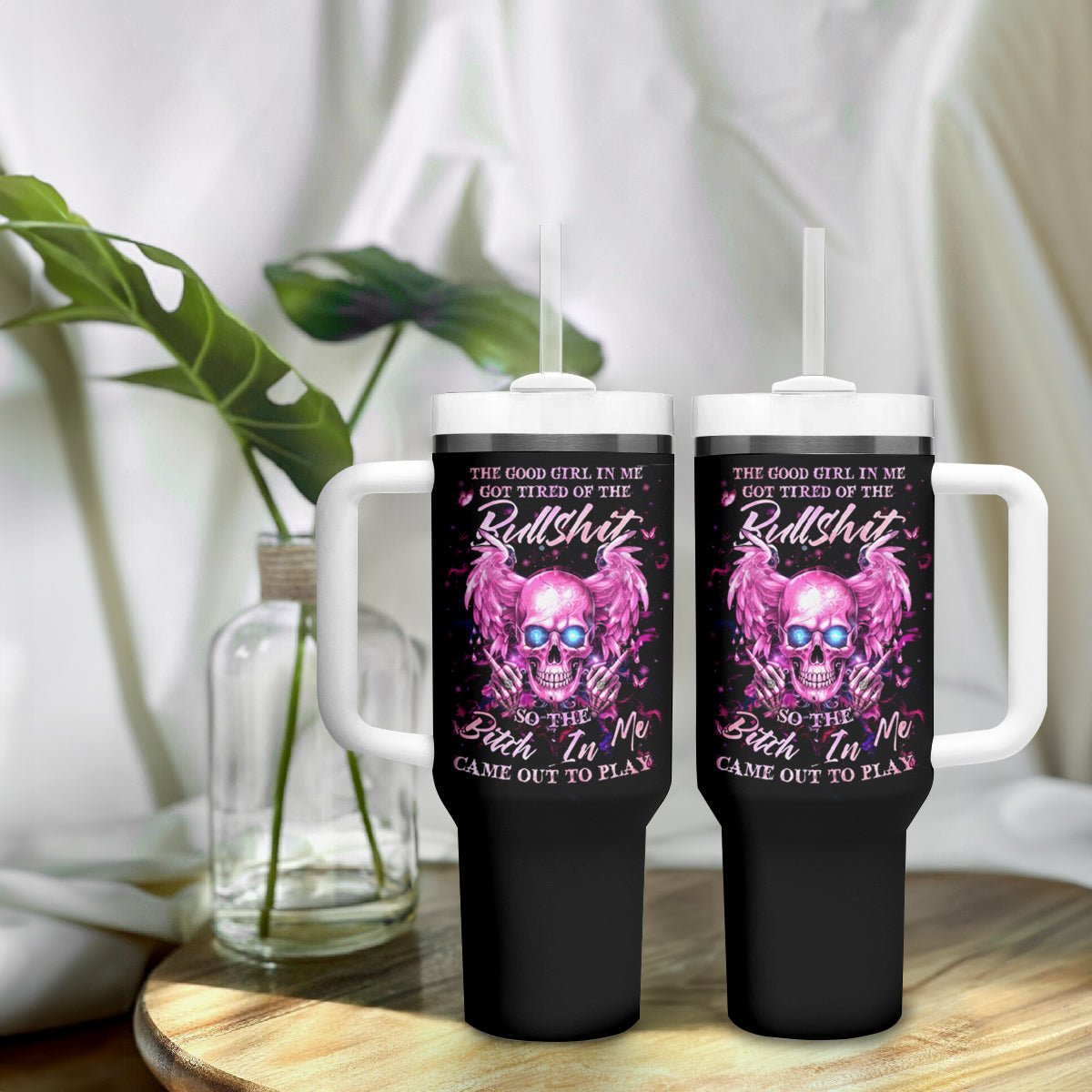 Angel Skull Tumbler With Handle The Good Girl In Me Got Tired Of The Bullshit DT01 - The Mazicc - One Size: 40 oz - Black -
