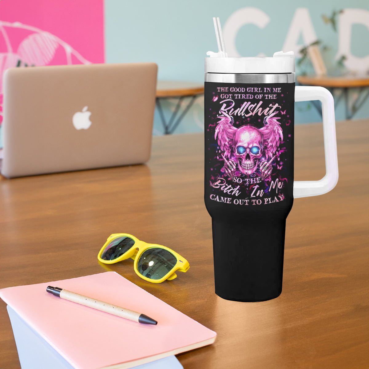 Angel Skull Tumbler With Handle The Good Girl In Me Got Tired Of The Bullshit DT01 - The Mazicc - One Size: 40 oz - Black -