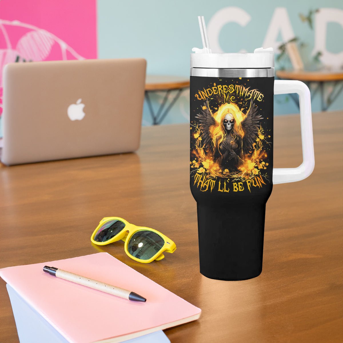 Angel Skull Tumbler With Handle Underestimate Me That 'll Be Fun DT01 - The Mazicc - One Size: 40 oz - Black -