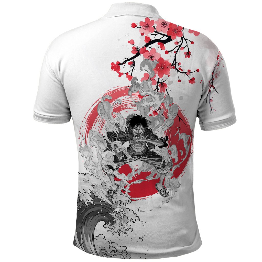 Anime One Piece Luffy Strawhat Polo Shirt Sumi-e Painting Style TS07 - The Mazicc - Adult - S - White