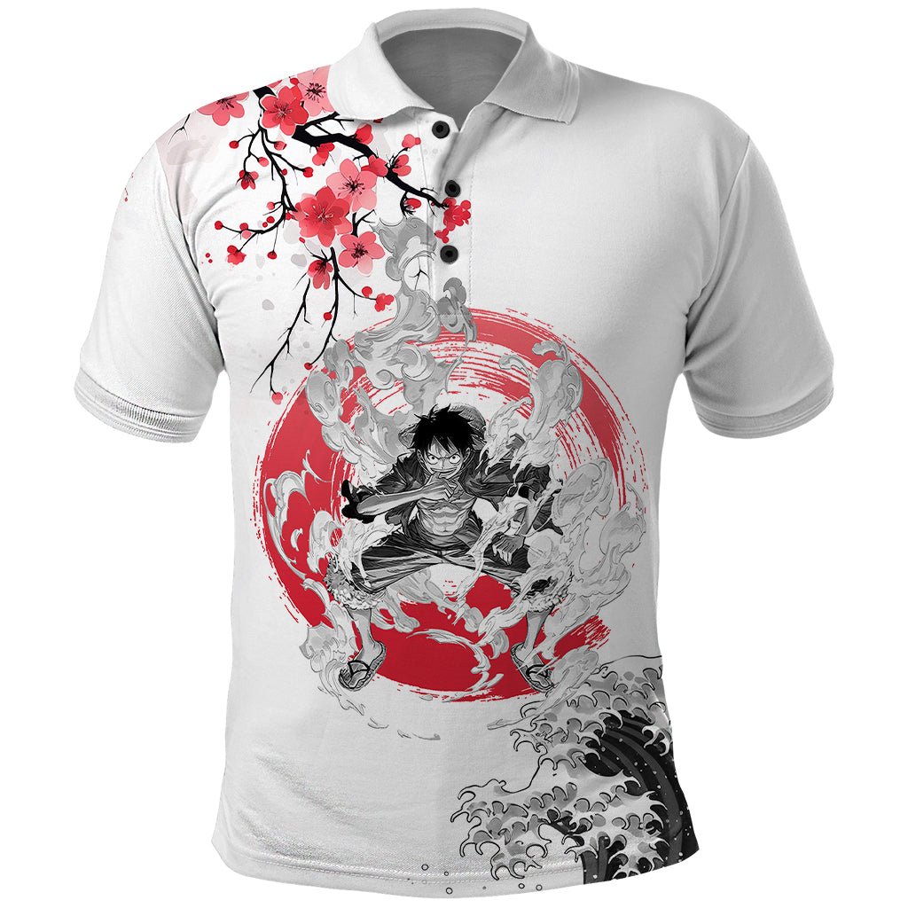 Anime One Piece Luffy Strawhat Polo Shirt Sumi-e Painting Style TS07 - The Mazicc - Adult - S - White
