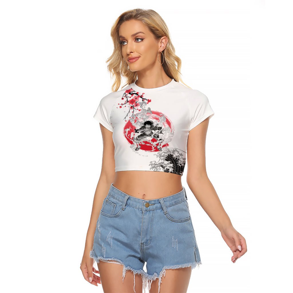 Anime One Piece Luffy Strawhat Raglan Cropped T Shirt Sumi-e Painting Style TS07 - The Mazicc - Female - S - White