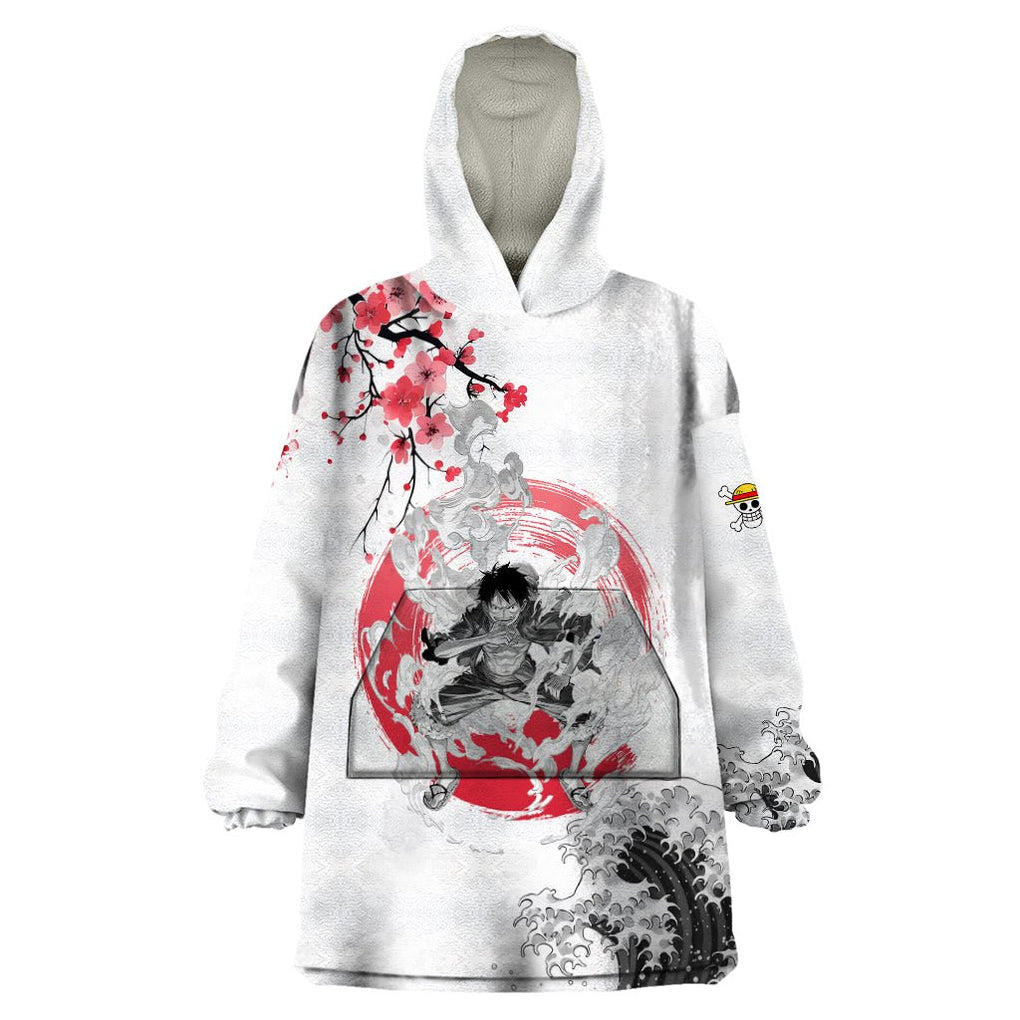 Anime One Piece Luffy Strawhat Wearable Blanket Hoodie Sumi-e Painting Style TS07 - The Mazicc - Adult - One Size - White