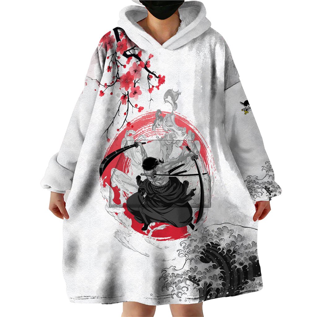 Anime One Piece Roronoa Zoro Wearable Blanket Hoodie Sumi-e Painting Style TS07 - The Mazicc - Adult - One Size - White