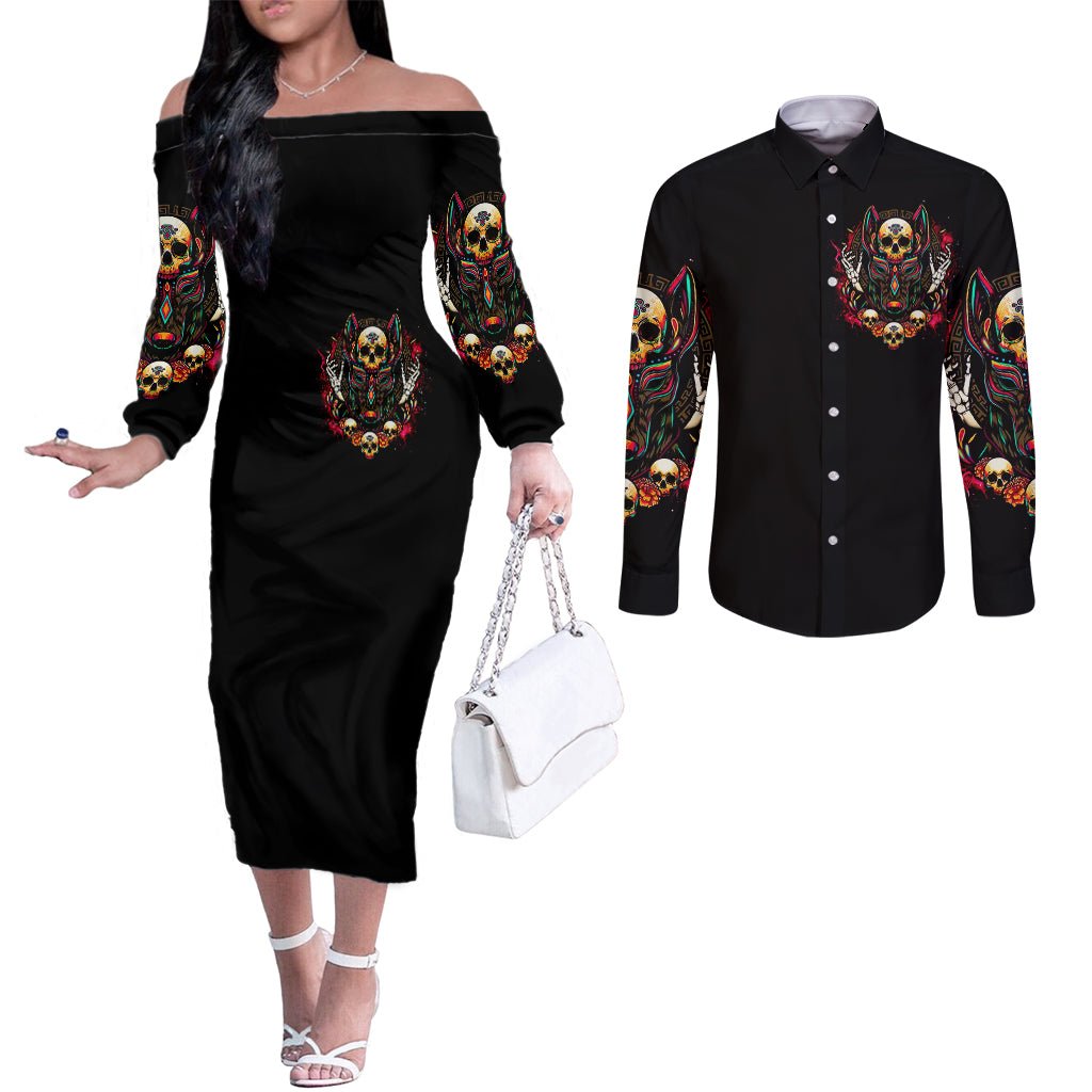 Anubis Skull Couples Matching Off The Shoulder Long Sleeve Dress and Long Sleeve Button Shirts Skull Anubis Don't Try To Figured Me Out DT01 - The Mazicc - S - S - Black