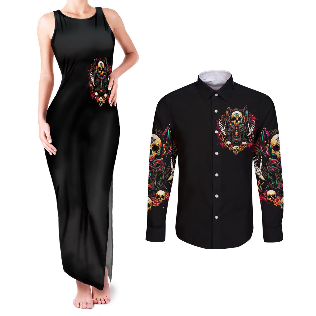 Anubis Skull Couples Matching Tank Maxi Dress and Long Sleeve Button Shirts Skull Anubis Don't Try To Figured Me Out DT01 - The Mazicc - S - S - Black
