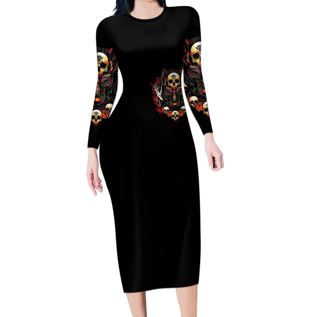Anubis Skull Long Sleeve Bodycon Dress Skull Anubis Don't Try To Figured Me Out DT01 - The Mazicc - Long Dress - S - Black