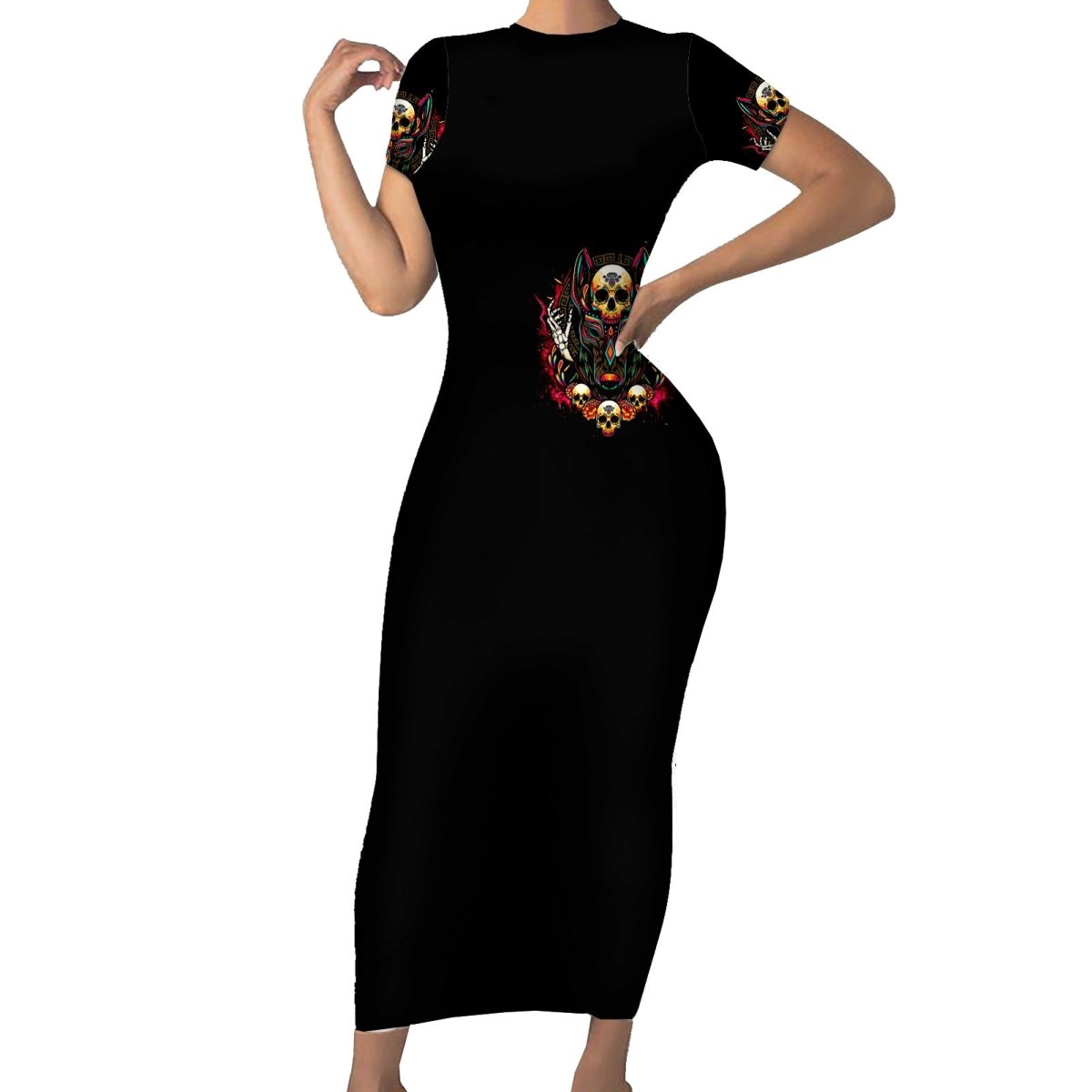 Anubis Skull Short Sleeve Bodycon Dress Skull Anubis Don't Try To Figured Me Out DT01 - The Mazicc - Long Dress - S - Black
