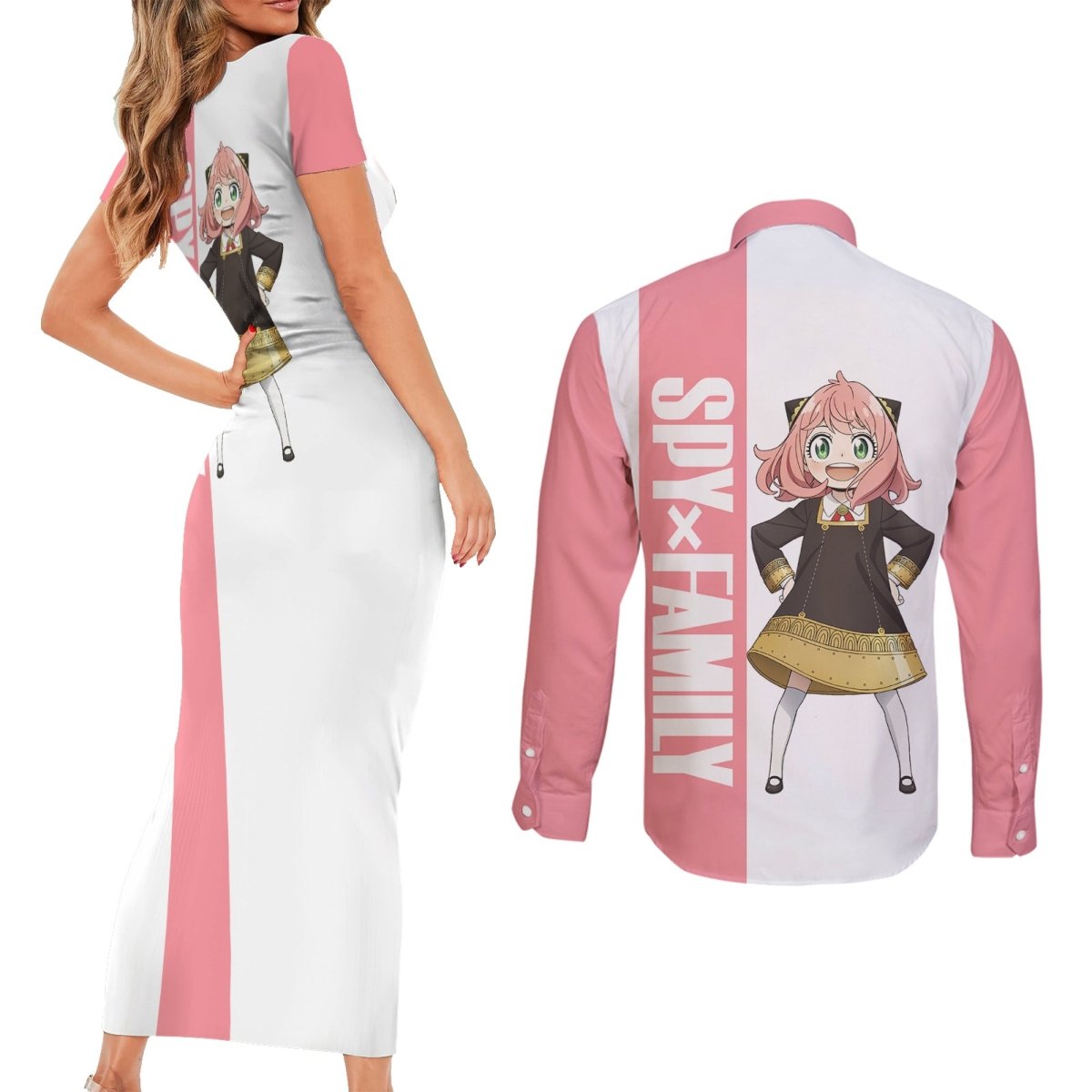 Anya Forger Couples Matching Short Sleeve Bodycon Dress and Long Sleeve Button Shirt Spy x Family TS04 - The Mazicc - S - S - White/Pink