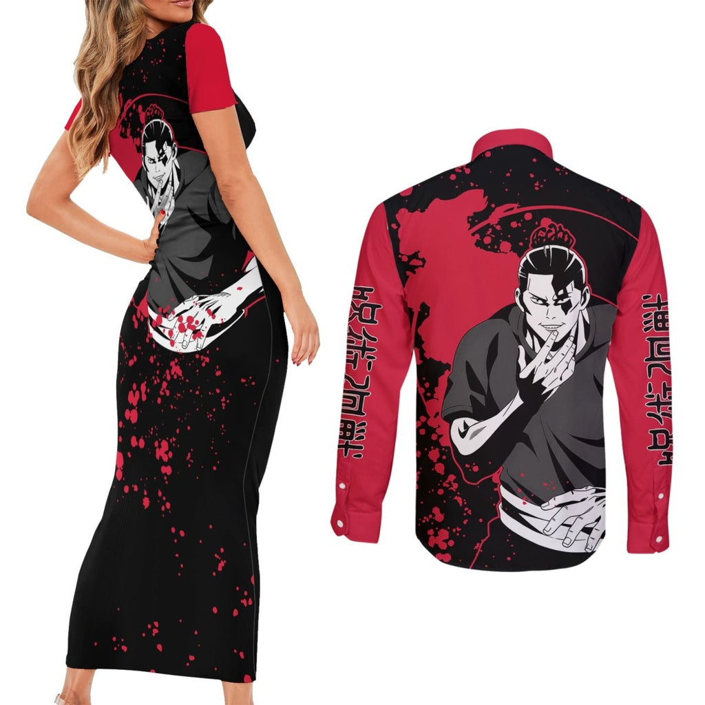 Aoi Todo Jujutsu Kaisen Couples Matching Short Sleeve Bodycon Dress and Long Sleeve Button Shirt Manga Style Art TS04 - The Mazicc - S - S - Black/Red