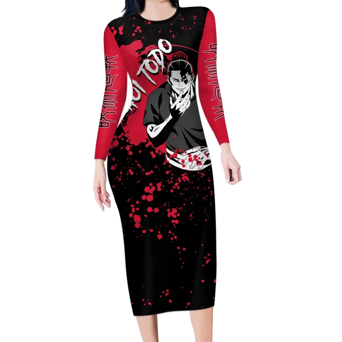 Aoi Todo Jujutsu Kaisen Long Sleeve Bodycon Dress Manga Style Art TS04 - The Mazicc - Long Dress - S - Black/Red
