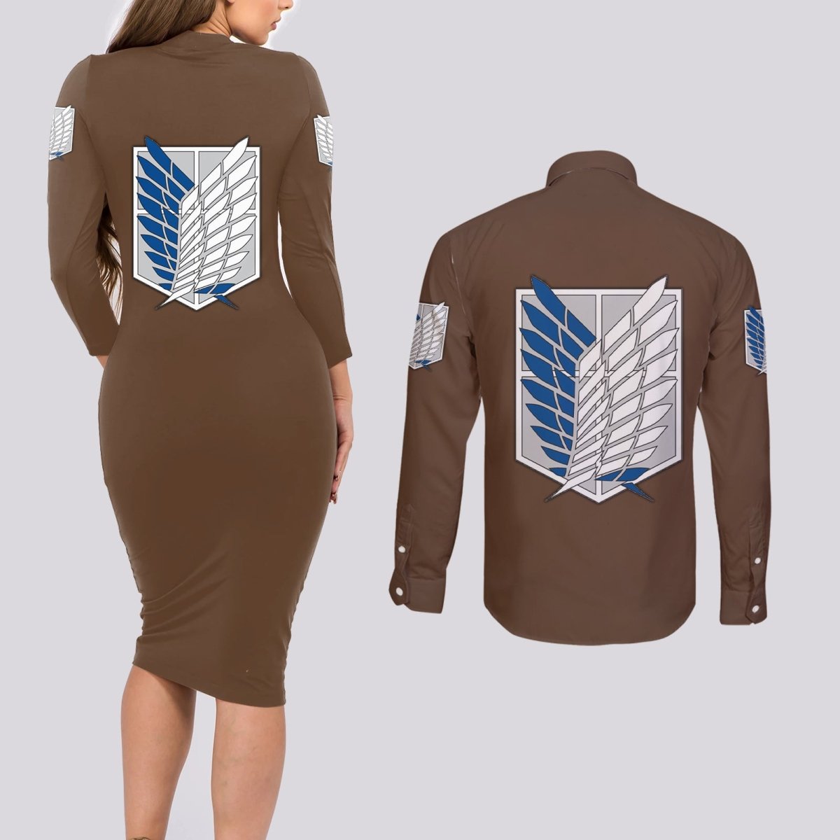 AOT Levi Ackerman Couples Matching Long Sleeve Bodycon Dress and Long Sleeve Button Shirt TS04 - The Mazicc - S - S - Brown