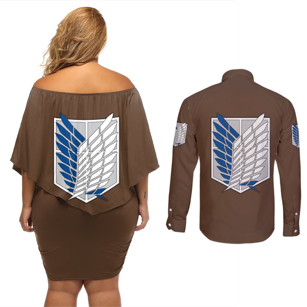 AOT Levi Ackerman Couples Matching Off Shoulder Short Dress and Long Sleeve Button Shirt TS04 - The Mazicc - S - S - Brown