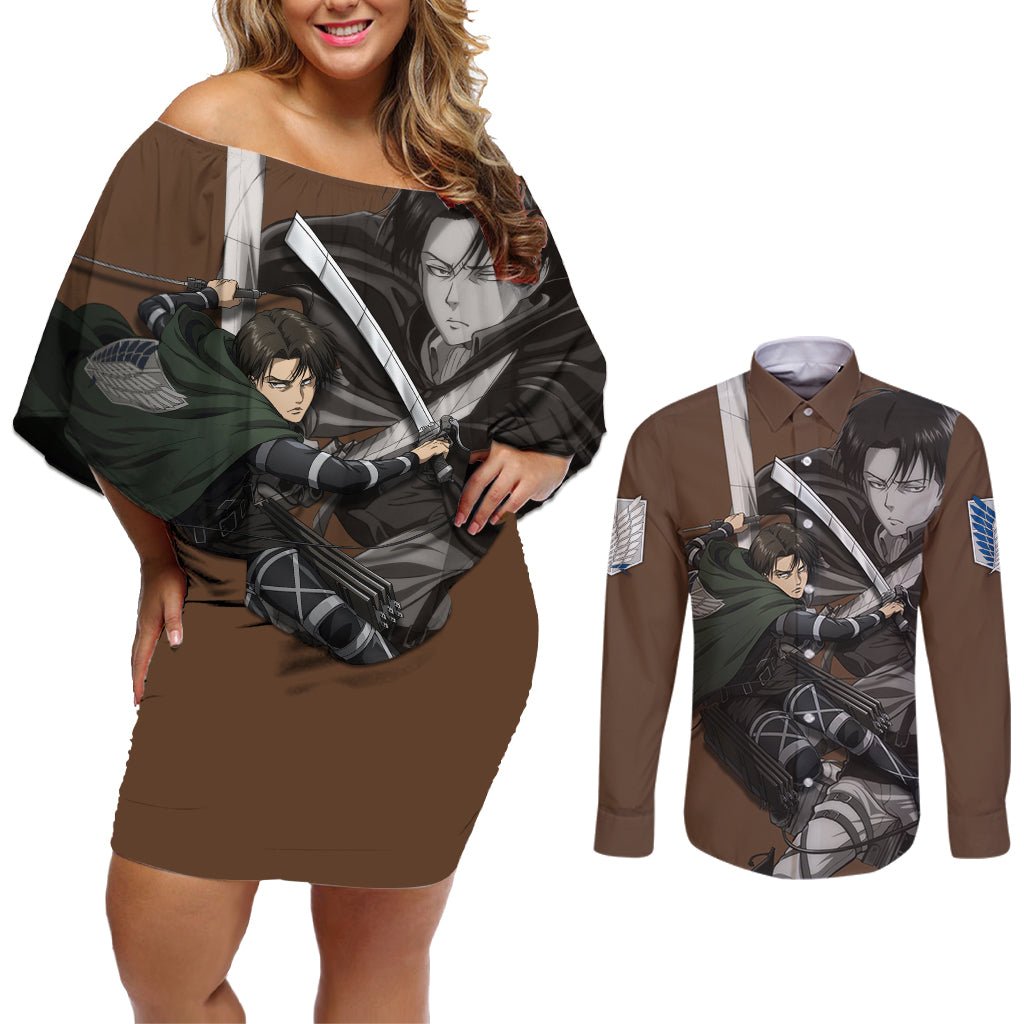 AOT Levi Ackerman Couples Matching Off Shoulder Short Dress and Long Sleeve Button Shirt TS04 - The Mazicc - S - S - Brown