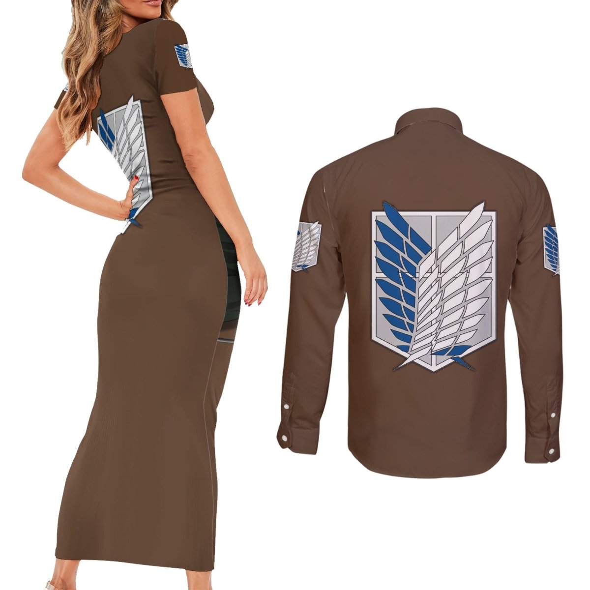 AOT Levi Ackerman Couples Matching Short Sleeve Bodycon Dress and Long Sleeve Button Shirt TS04 - The Mazicc - S - S - Brown