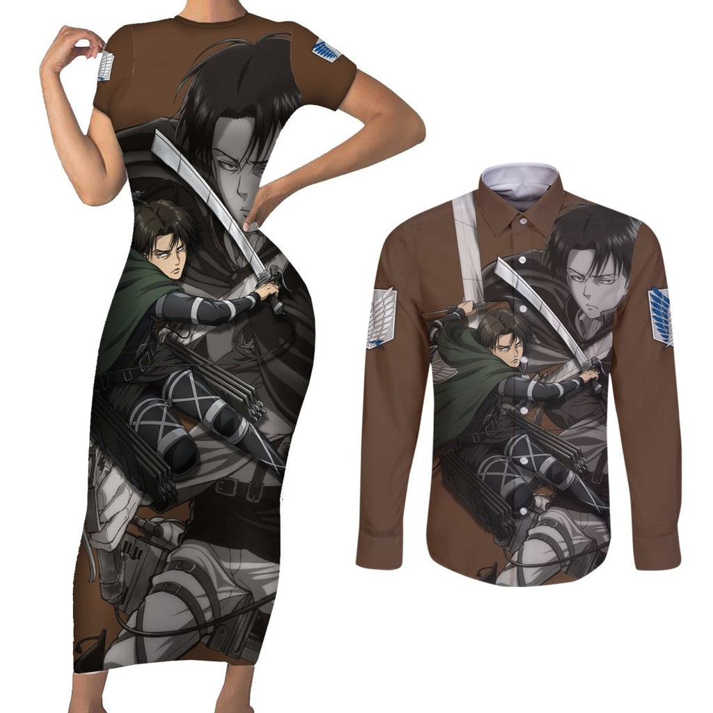 AOT Levi Ackerman Couples Matching Short Sleeve Bodycon Dress and Long Sleeve Button Shirt TS04 - The Mazicc - S - S - Brown
