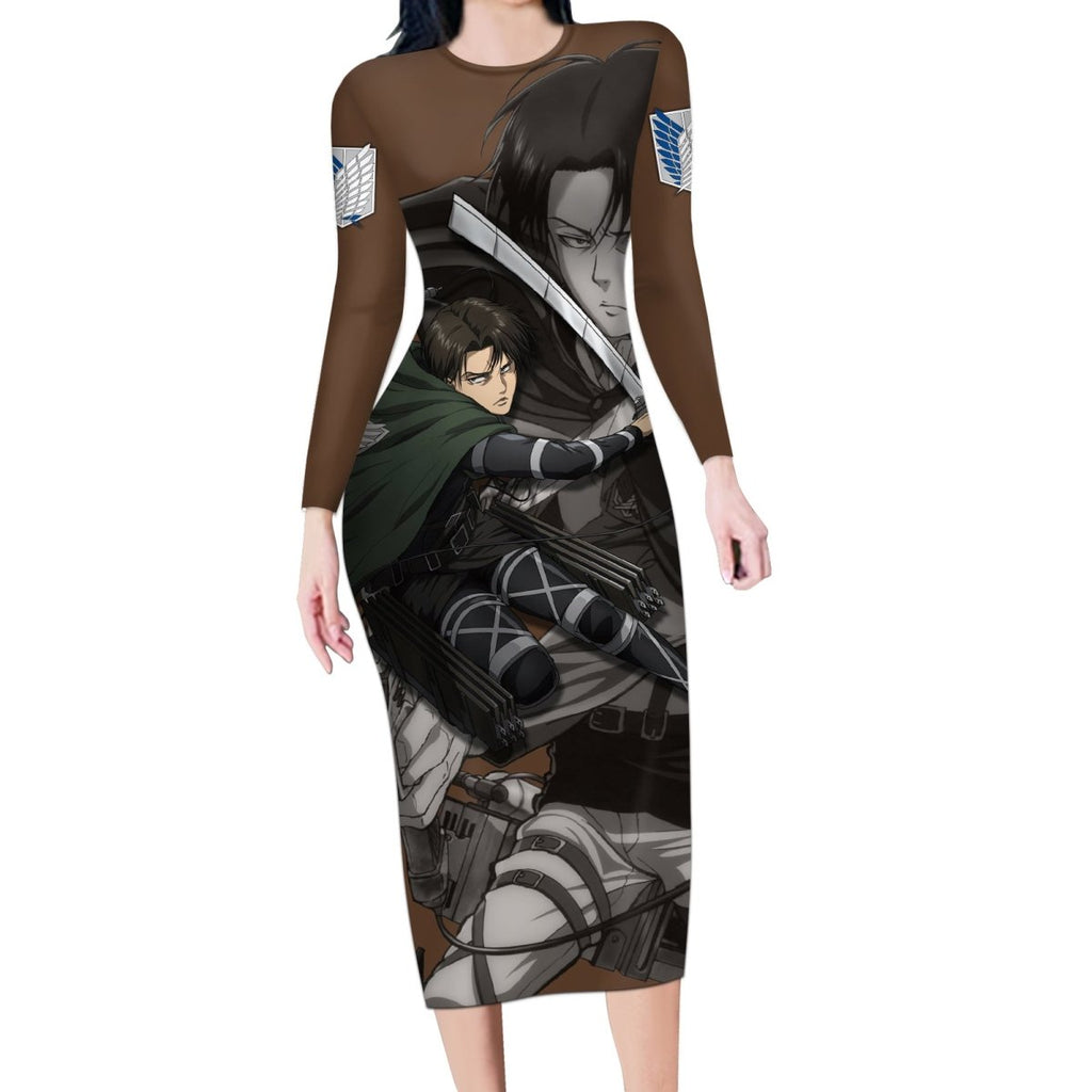 AOT Levi Ackerman Long Sleeve Bodycon Dress TS04 - The Mazicc - Long Dress - S - Brown