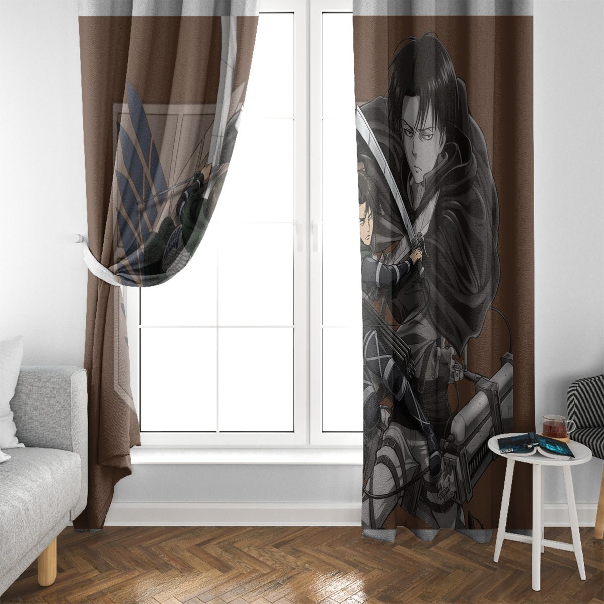 AOT Levi Ackerman Window Curtain TS04 - The Mazicc - With Hooks - 107cm x 213cm - Brown