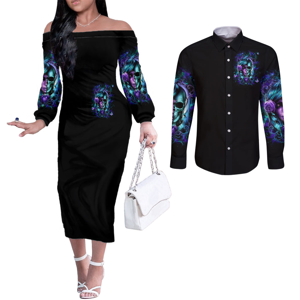 Lady Skull Couples Matching Off The Shoulder Long Sleeve Dress and Long Sleeve Button Shirt Don't Try To Figure Me Out I'm A Special Kind Of Twisted