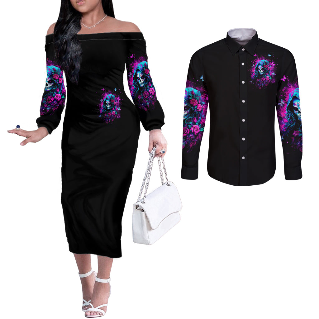 Witch Skull Couples Matching Off The Shoulder Long Sleeve Dress and Long Sleeve Button Shirt I'm A Good Person But Don't Give Me A Reason To Show Evil Side