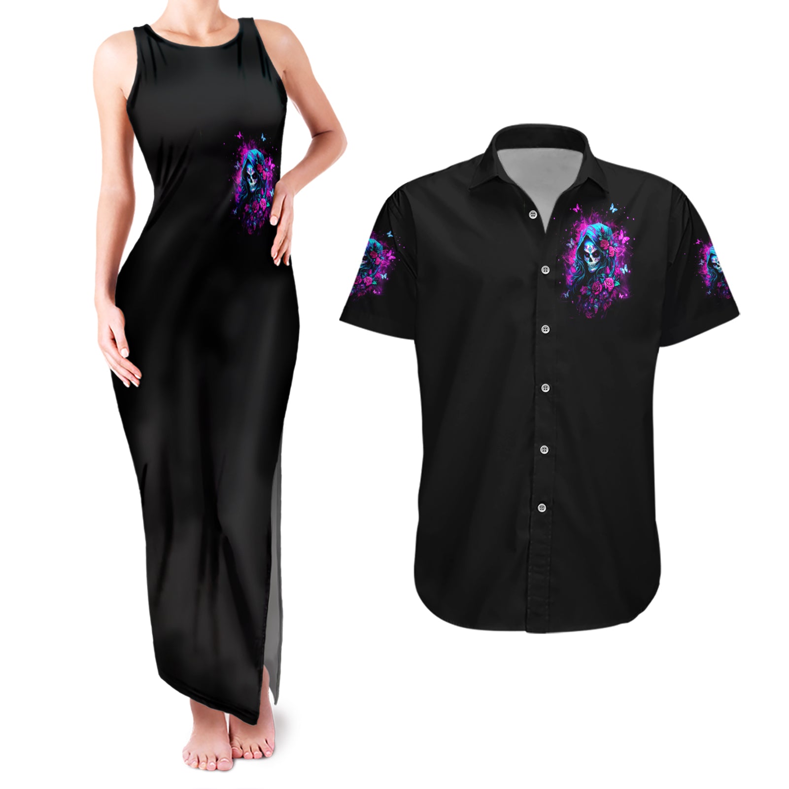 Witch Skull Couples Matching Tank Maxi Dress and Hawaiian Shirt I'm A Good Person But Don't Give Me A Reason To Show Evil Side