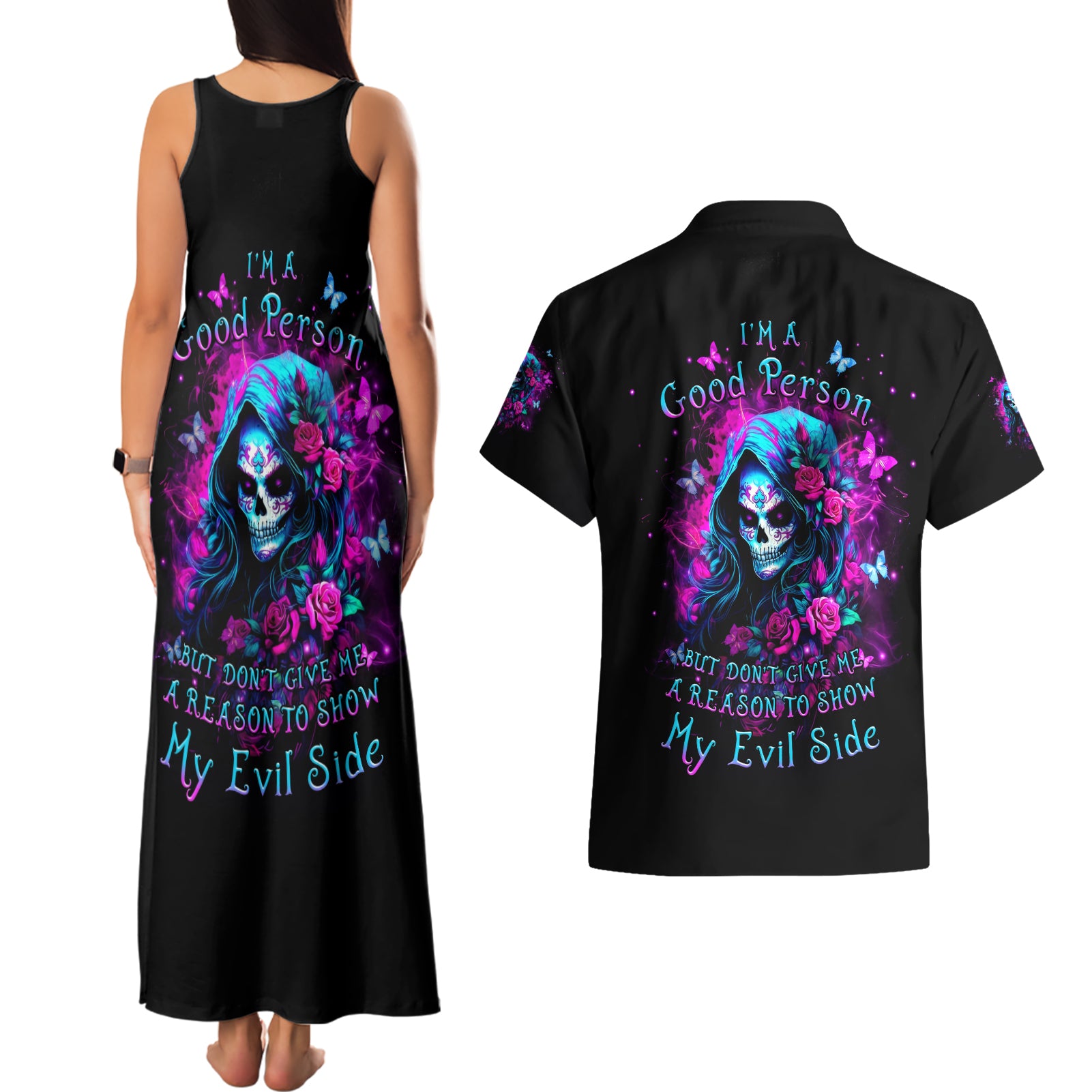 Witch Skull Couples Matching Tank Maxi Dress and Hawaiian Shirt I'm A Good Person But Don't Give Me A Reason To Show Evil Side