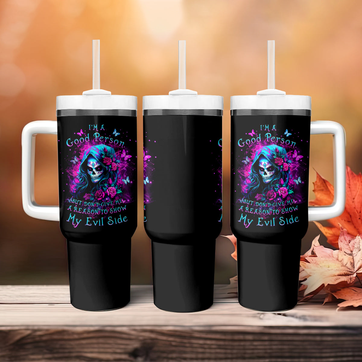 Witch Skull Tumbler With Handle I'm A Good Person But Don't Give Me A Reason To Show Evil Side