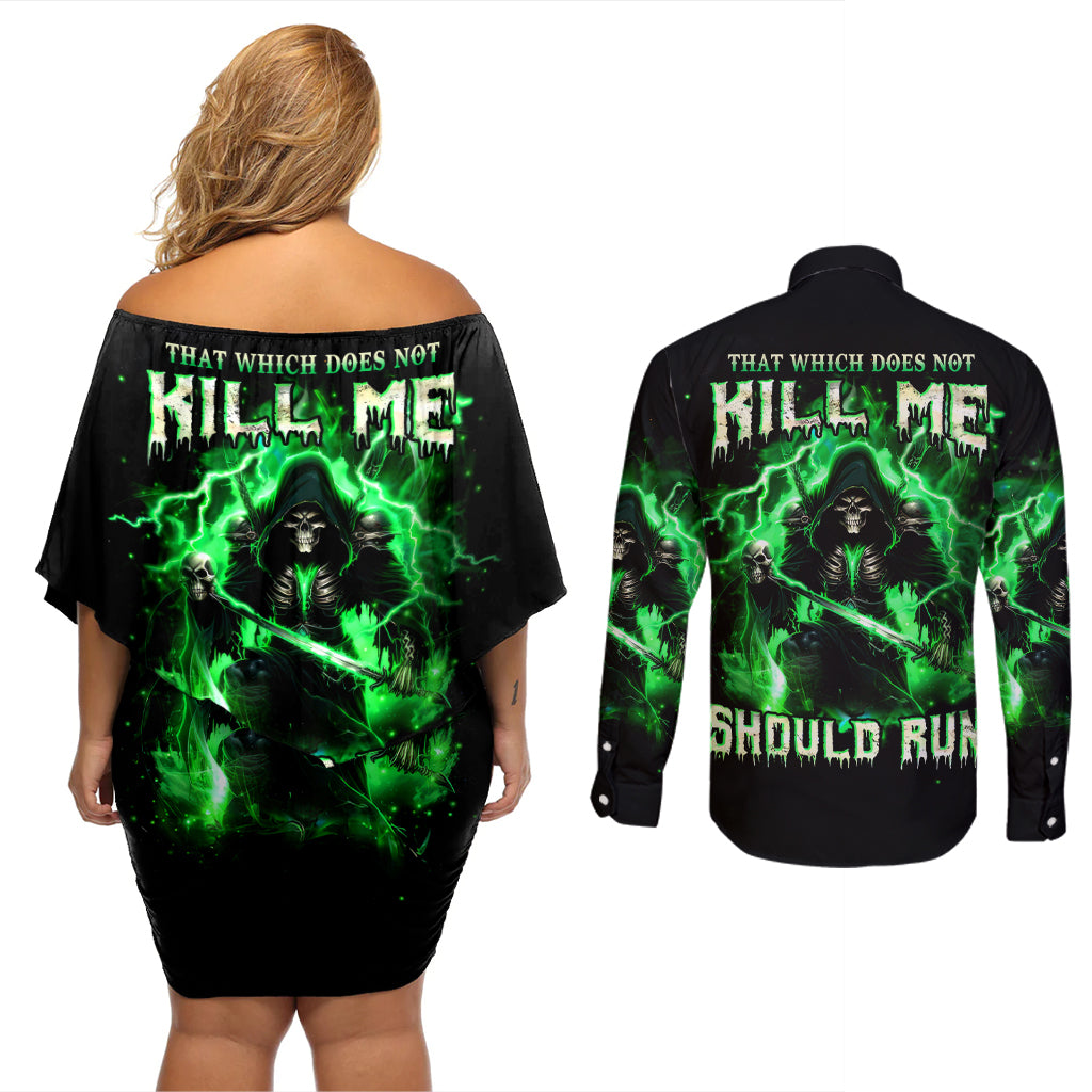 Reaper Skull Couples Matching Off Shoulder Short Dress and Long Sleeve Button Shirt That Which Does Not Kill Me Should Run