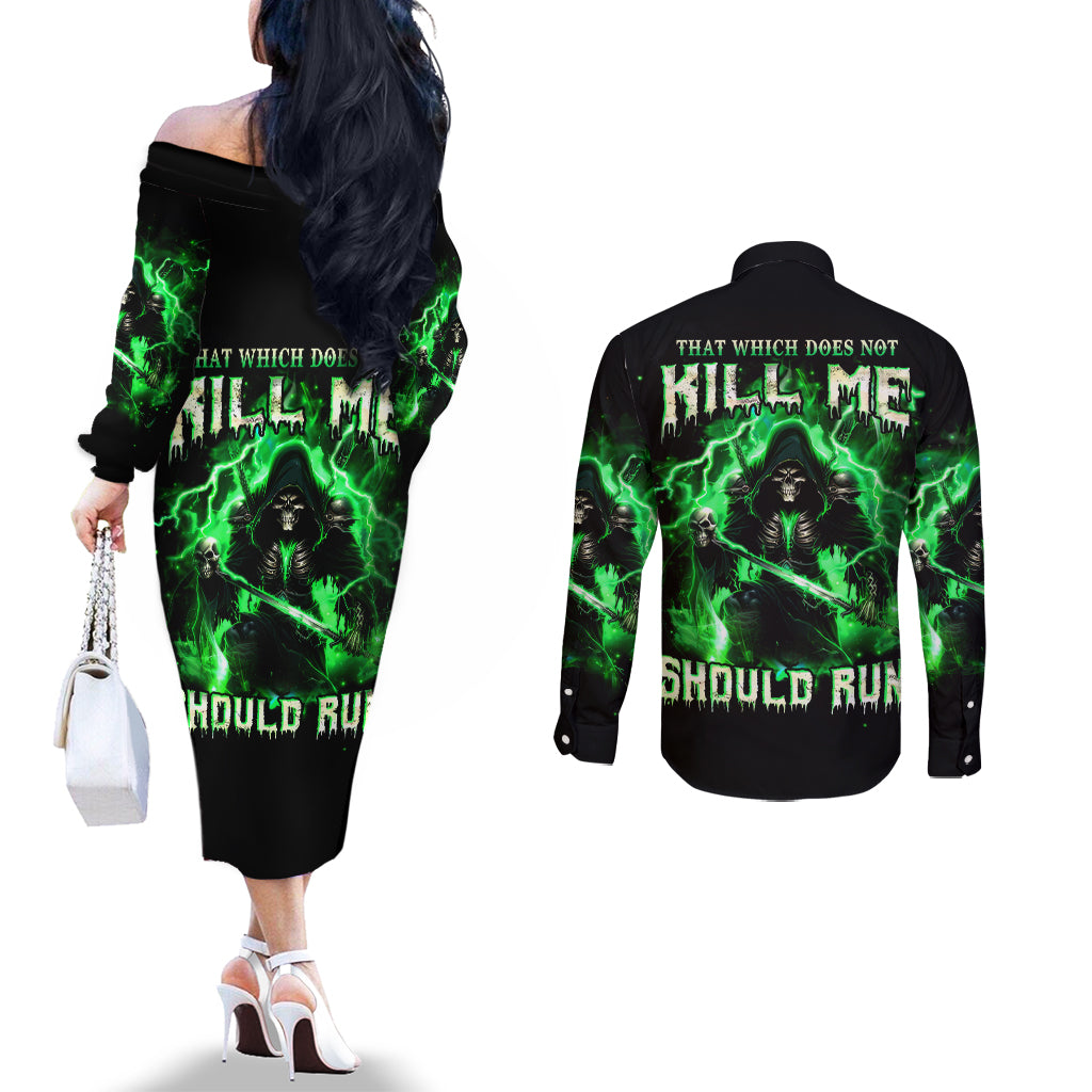 Reaper Skull Couples Matching Off The Shoulder Long Sleeve Dress and Long Sleeve Button Shirt That Which Does Not Kill Me Should Run