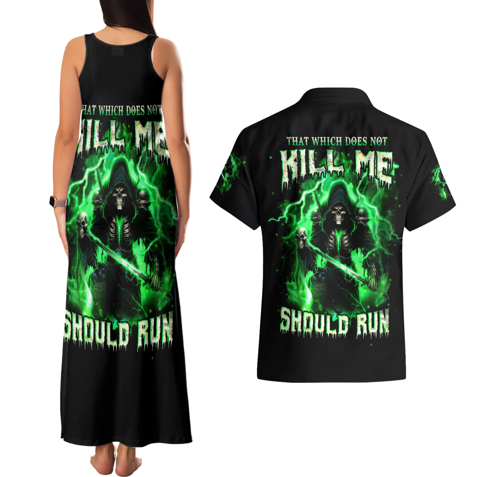 Reaper Skull Couples Matching Tank Maxi Dress and Hawaiian Shirt That Which Does Not Kill Me Should Run