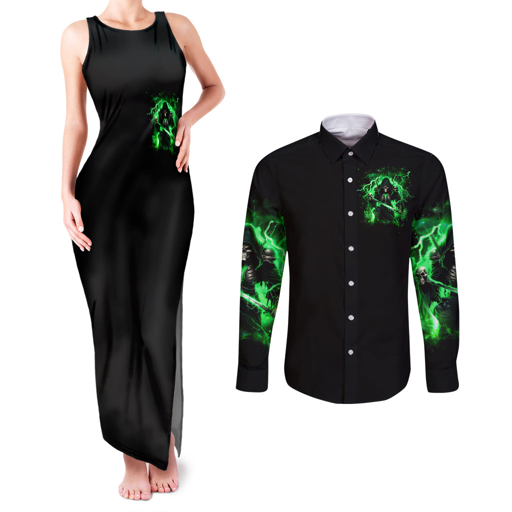 Reaper Skull Couples Matching Tank Maxi Dress and Long Sleeve Button Shirt That Which Does Not Kill Me Should Run