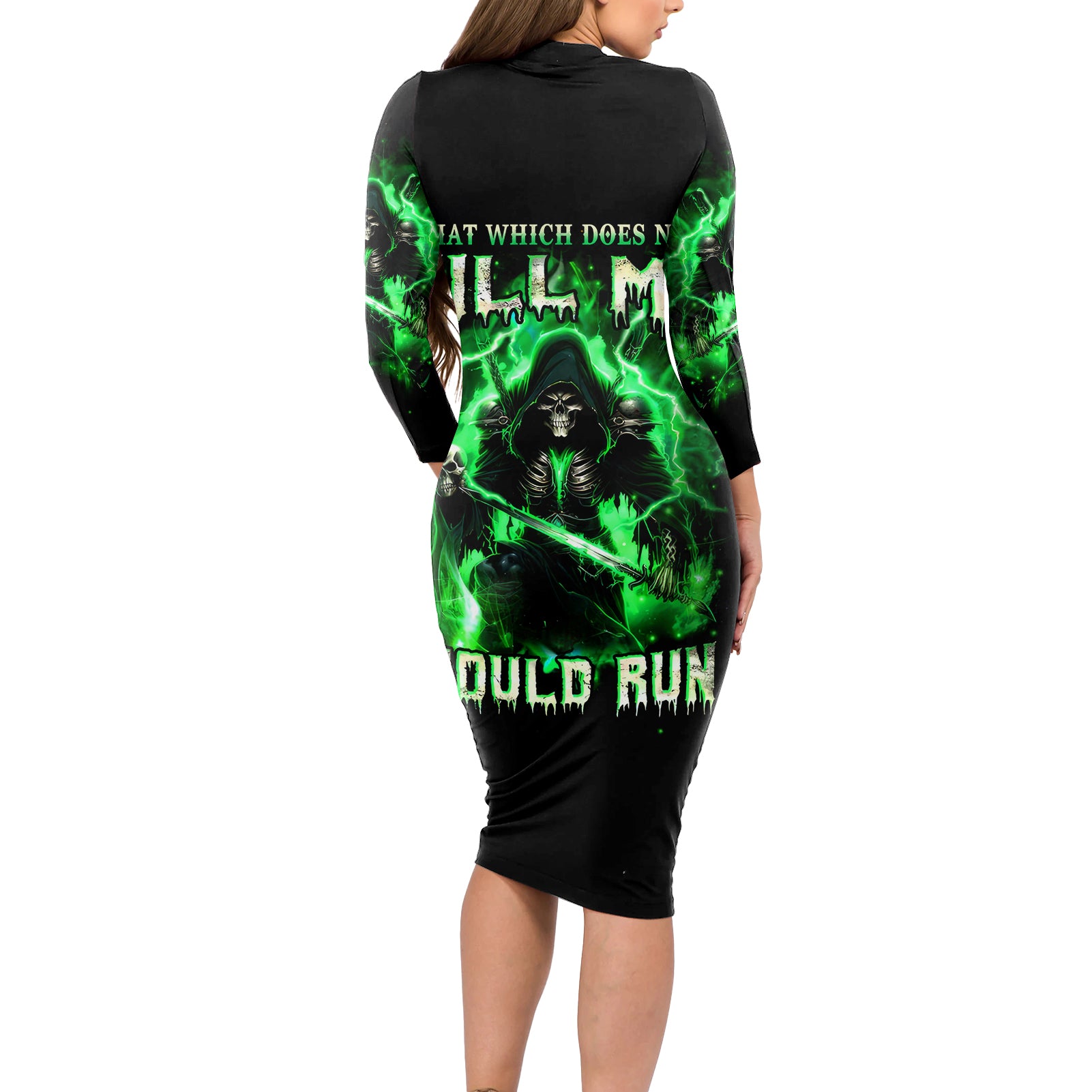 Reaper Skull Long Sleeve Bodycon Dress That Which Does Not Kill Me Should Run
