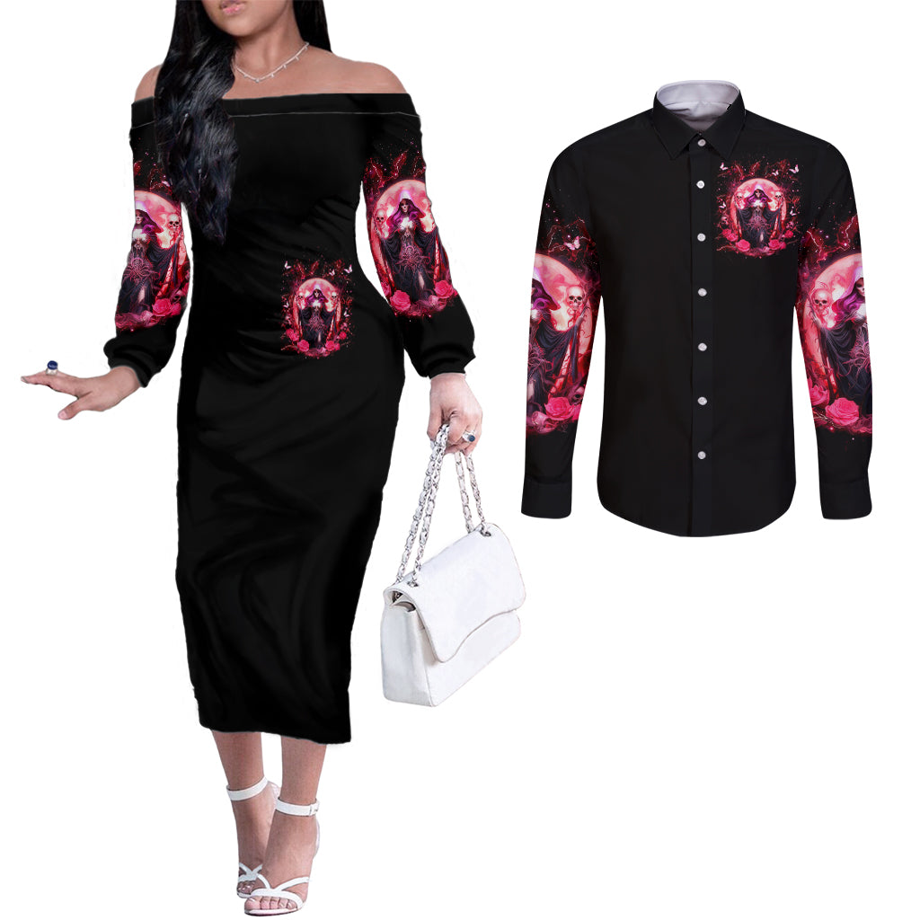Witch Skull Couples Matching Off The Shoulder Long Sleeve Dress and Long Sleeve Button Shirt She Whispered Back Iam The Storm