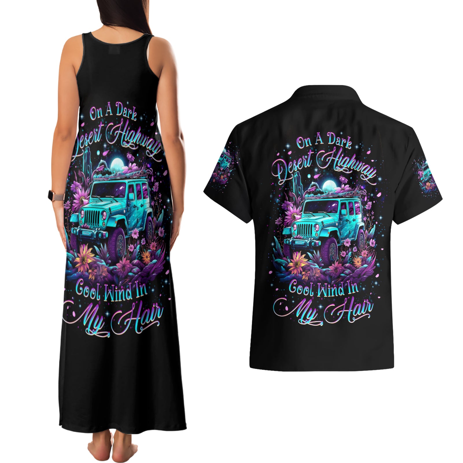 Forest Jeep Couples Matching Tank Maxi Dress and Hawaiian Shirt On A Dark Desert Highway Cool Wind In My Hair