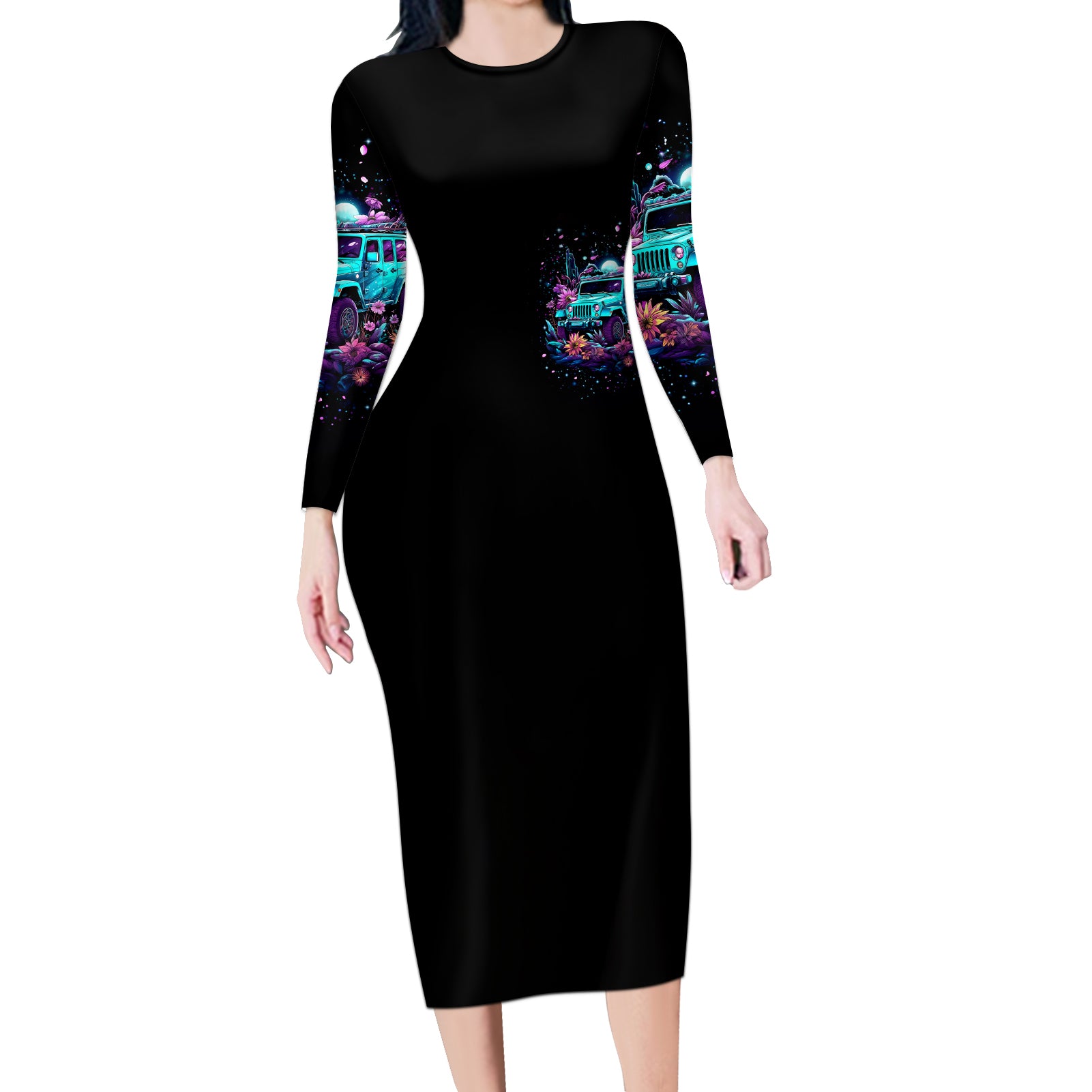 Forest Jeep Long Sleeve Bodycon Dress On A Dark Desert Highway Cool Wind In My Hair