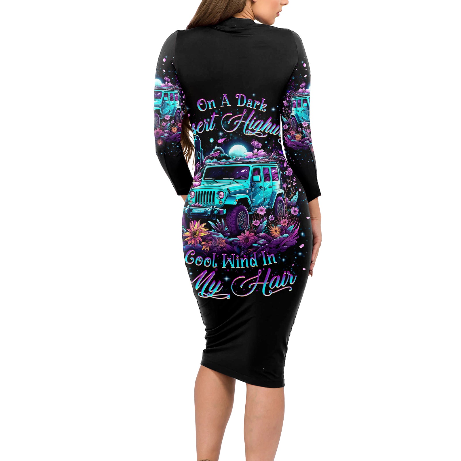 Forest Jeep Long Sleeve Bodycon Dress On A Dark Desert Highway Cool Wind In My Hair