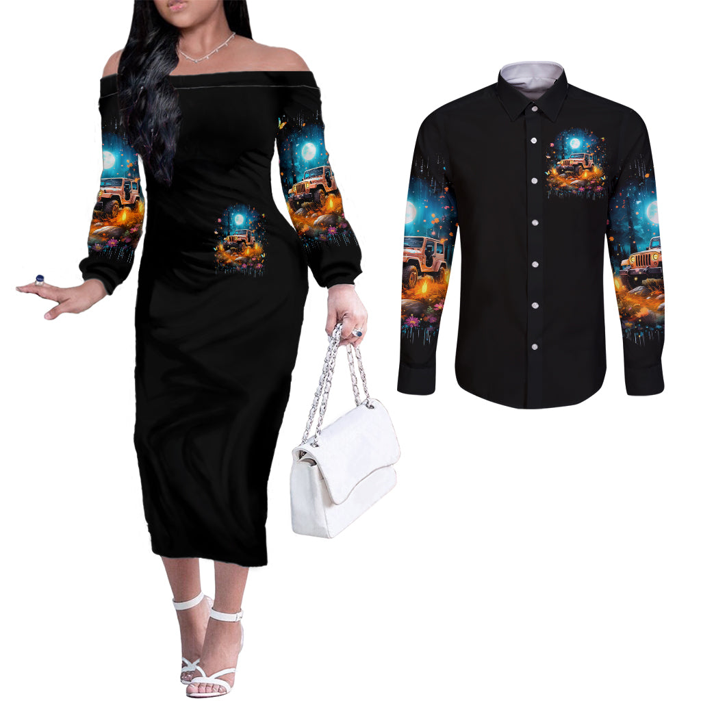Forest Jeep Couples Matching Off The Shoulder Long Sleeve Dress and Long Sleeve Button Shirt Hello Darkness My Old Friend