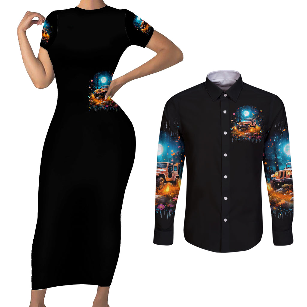 Forest Jeep Couples Matching Short Sleeve Bodycon Dress and Long Sleeve Button Shirt Hello Darkness My Old Friend