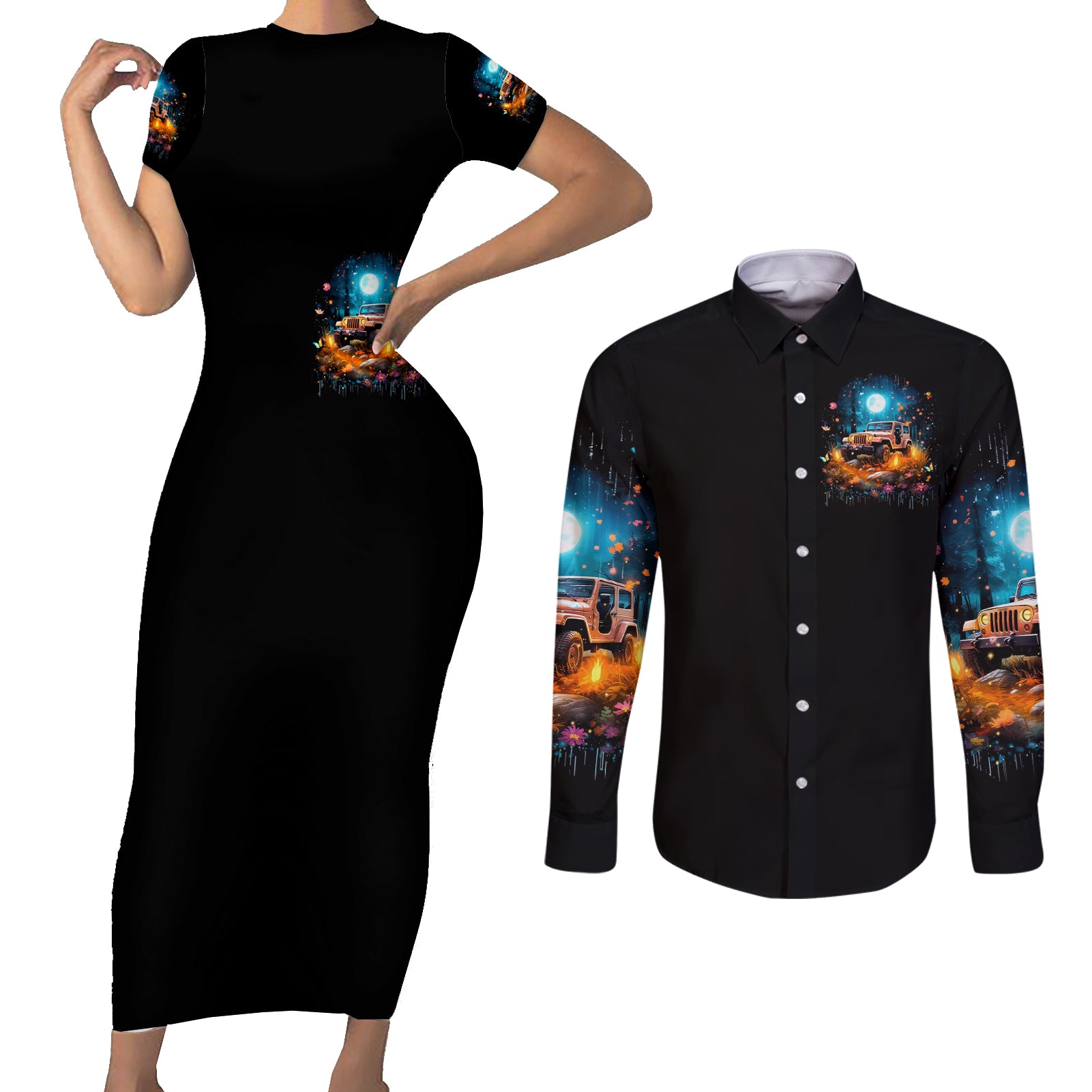 Forest Jeep Couples Matching Short Sleeve Bodycon Dress and Long Sleeve Button Shirt Hello Darkness My Old Friend