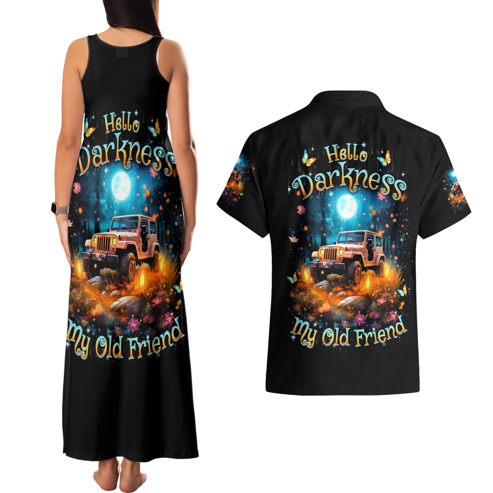Forest Jeep Couples Matching Tank Maxi Dress and Hawaiian Shirt Hello Darkness My Old Friend