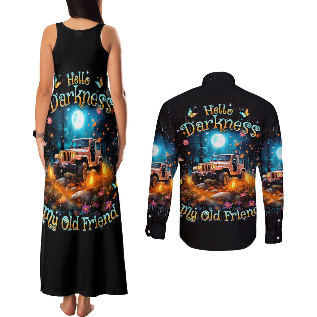 Forest Jeep Couples Matching Tank Maxi Dress and Long Sleeve Button Shirt Hello Darkness My Old Friend