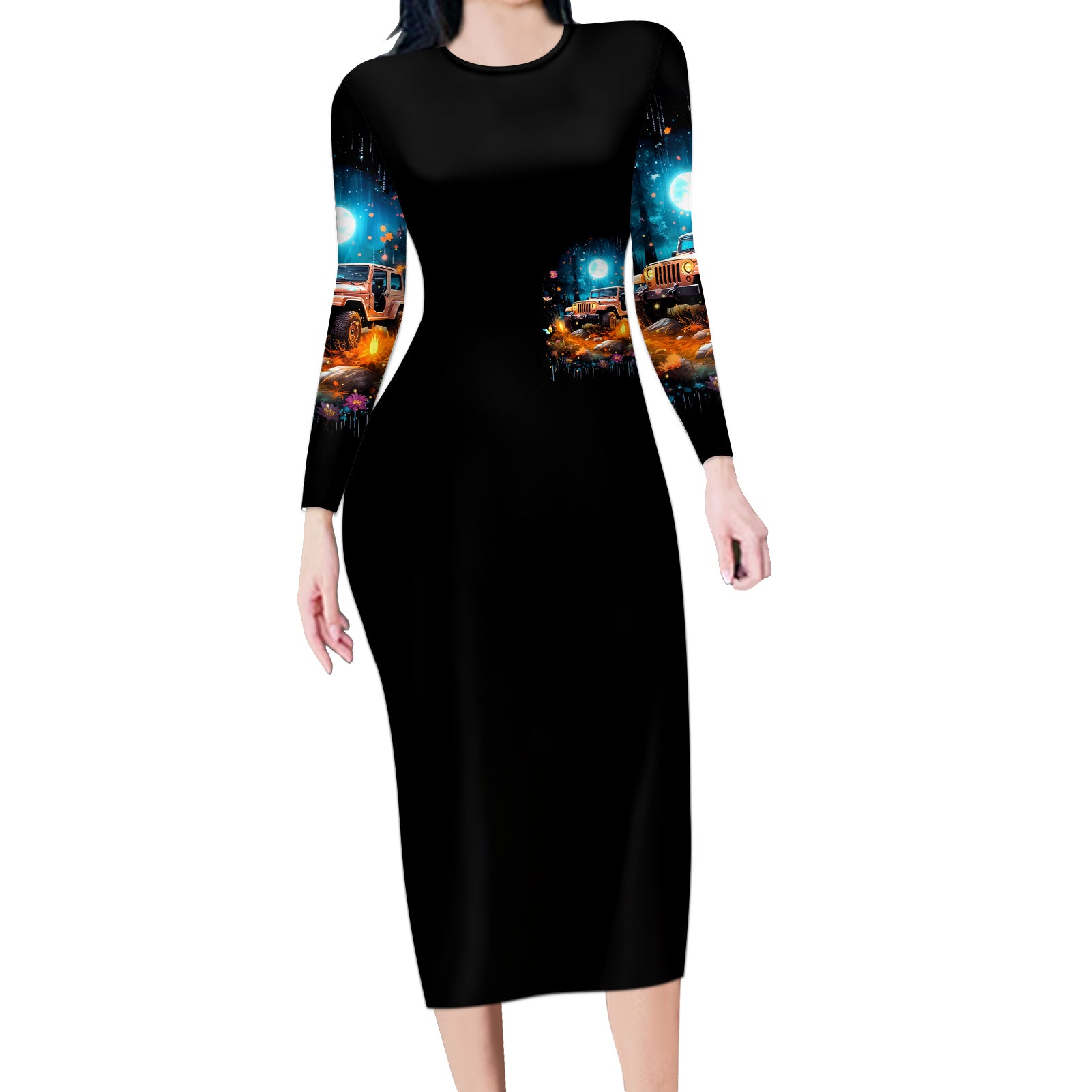 Forest Jeep Long Sleeve Bodycon Dress Hello Darkness My Old Friend