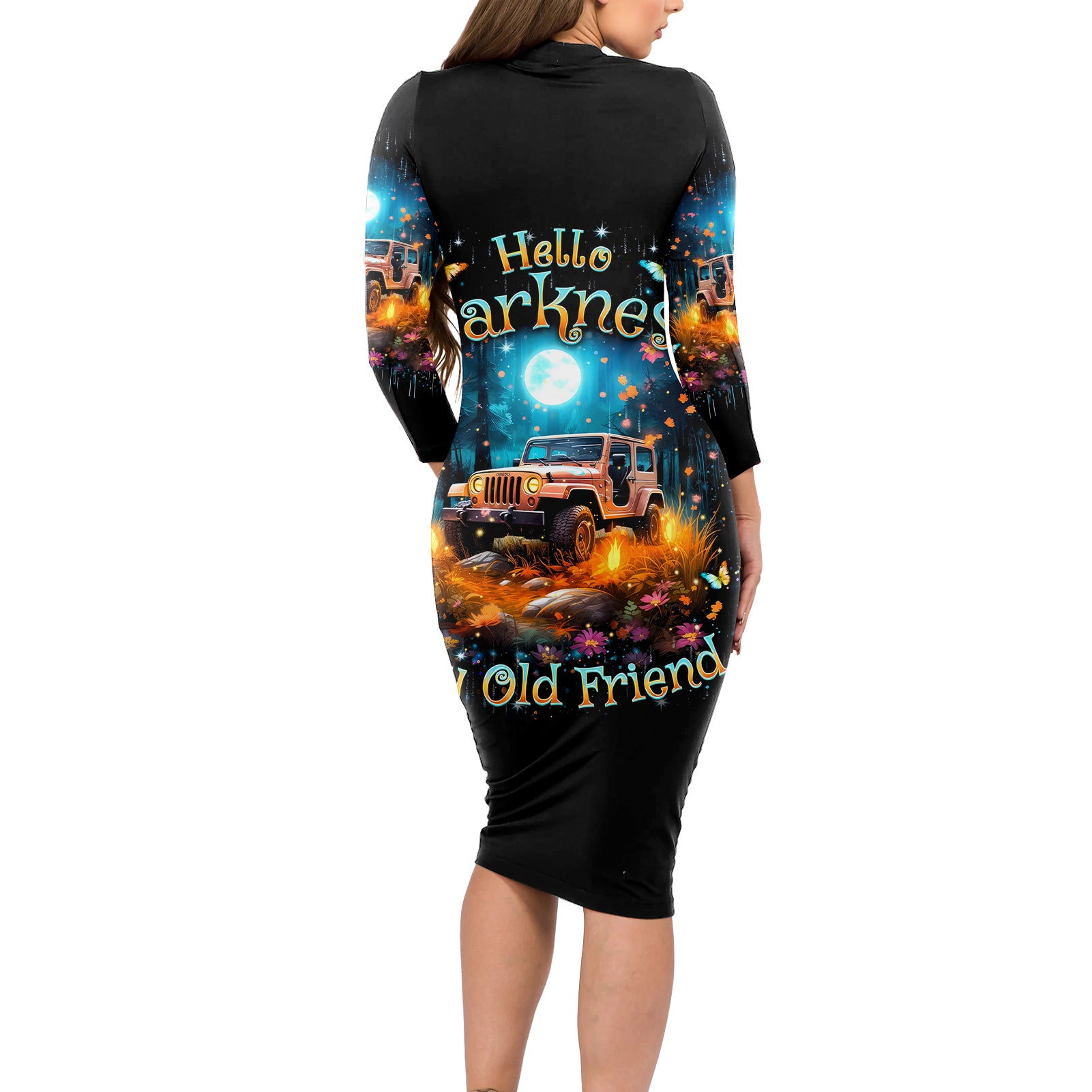 Forest Jeep Long Sleeve Bodycon Dress Hello Darkness My Old Friend