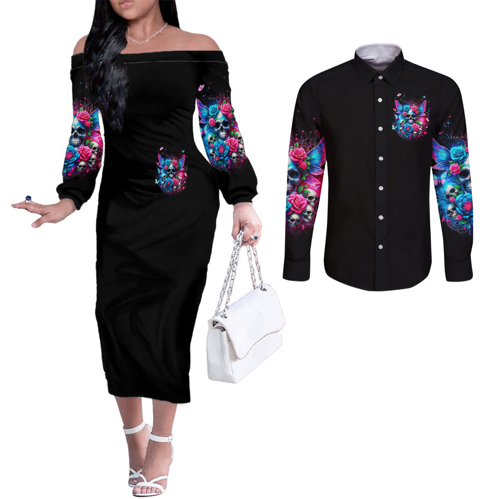 Fairy Skull Couples Matching Off The Shoulder Long Sleeve Dress and Long Sleeve Button Shirt Let Karma Handle Their Fate