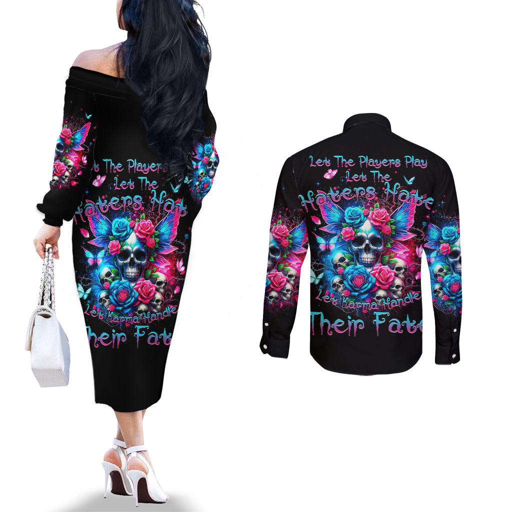 Fairy Skull Couples Matching Off The Shoulder Long Sleeve Dress and Long Sleeve Button Shirt Let Karma Handle Their Fate