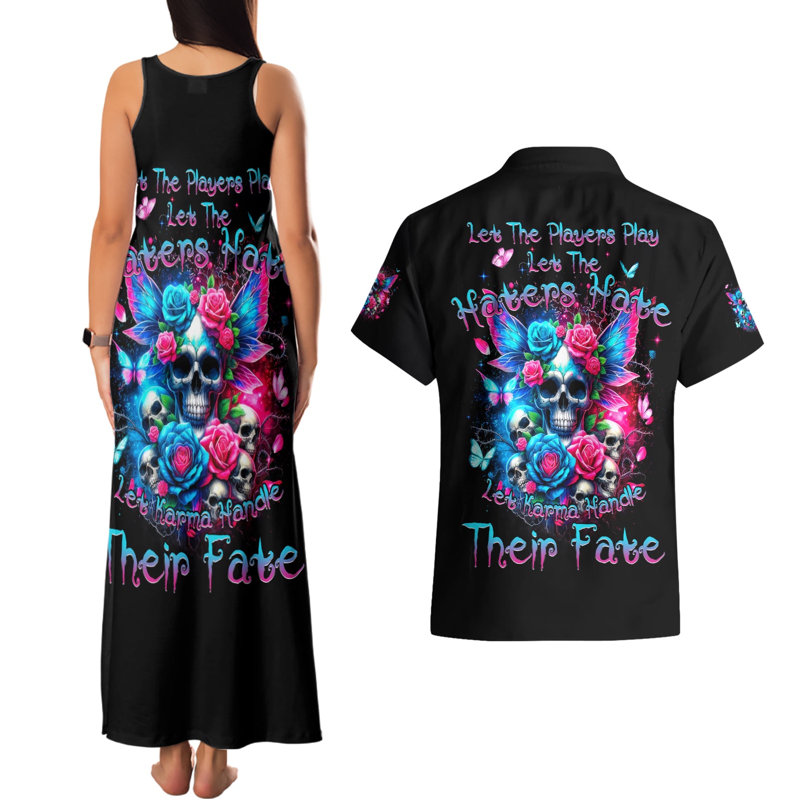 Fairy Skull Couples Matching Tank Maxi Dress and Hawaiian Shirt Let Karma Handle Their Fate