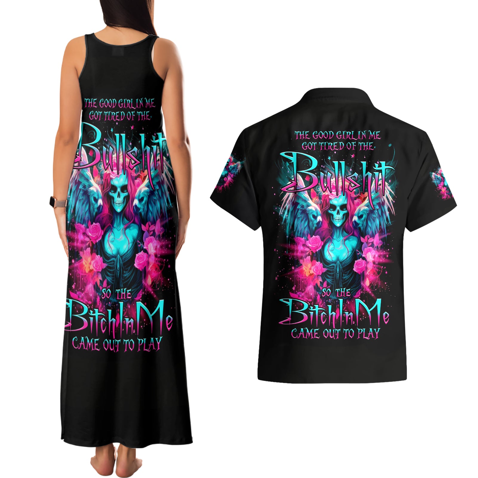 Witch Skull Couples Matching Tank Maxi Dress and Hawaiian Shirt The Good Girl In Me Got Tired Of The Bullshit