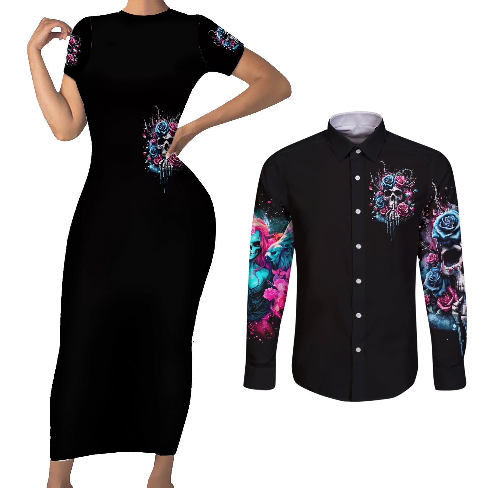 Rose Skull Couples Matching Short Sleeve Bodycon Dress and Long Sleeve Button Shirt Fresh Out Of Fucks