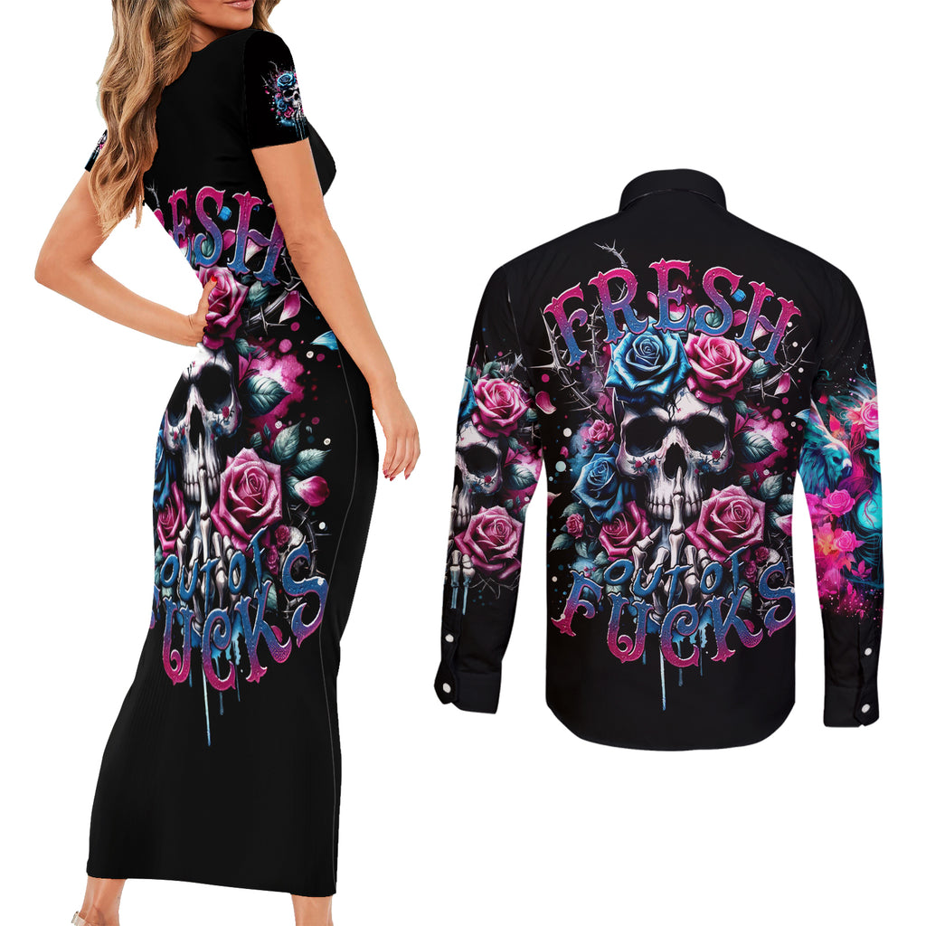 Rose Skull Couples Matching Short Sleeve Bodycon Dress and Long Sleeve Button Shirt Fresh Out Of Fucks